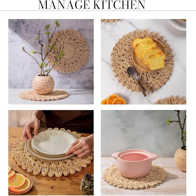 Laquedecraft 15" Set of 6 Round Corn Husk Placemats | Boho Woven Rattan Table Mats | Farmhouse Wicker Spring Plate Chargers Like Water Hyacinth, Seagrass for Wedding, Party, Christmas, Events