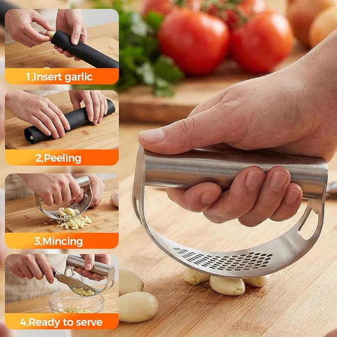 Kruggo Garlic Press Rocker, Stainless Steel Garlic Crusher, Mincer and Chopper with Peeler and Cleaning Brush, Comfortable Grip & Effortless Smashing, Essential Kitchen Tools (Crusher+Peeler- 2PCS)