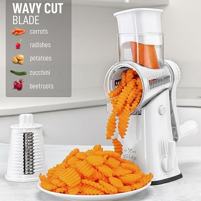 Zulay Kitchen Rotary Cheese Grater 5 Blade Cheese Shredder - Manual Hand Crank Cheese Grater With Reinforced Suction & 5 Interchangeable Drums - Easy to Use, Vegetable Chopper Round Mandoline Slicer