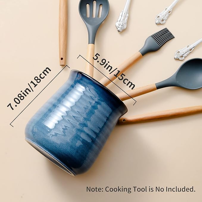 HASENSE Extra Large Ceramic Utensil Holder Crock for Kitchen Counter, 7.1” x 5.9” Vintage Farmhouse Blue Caddy, Rustic Kitchen Utensil Organizer for Spatulas, Spoons & Cooking Tools