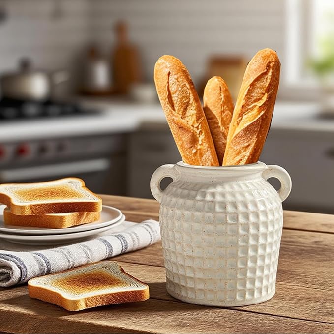 Rustic Kitchen Utensil Holder ,6.7" Modern Farmhouse Double Ear Ceramic Utensil Crock for Countertop, Vintage Kitchen Counter Decor Party Supplies Spoon Spatula Organizer (white)