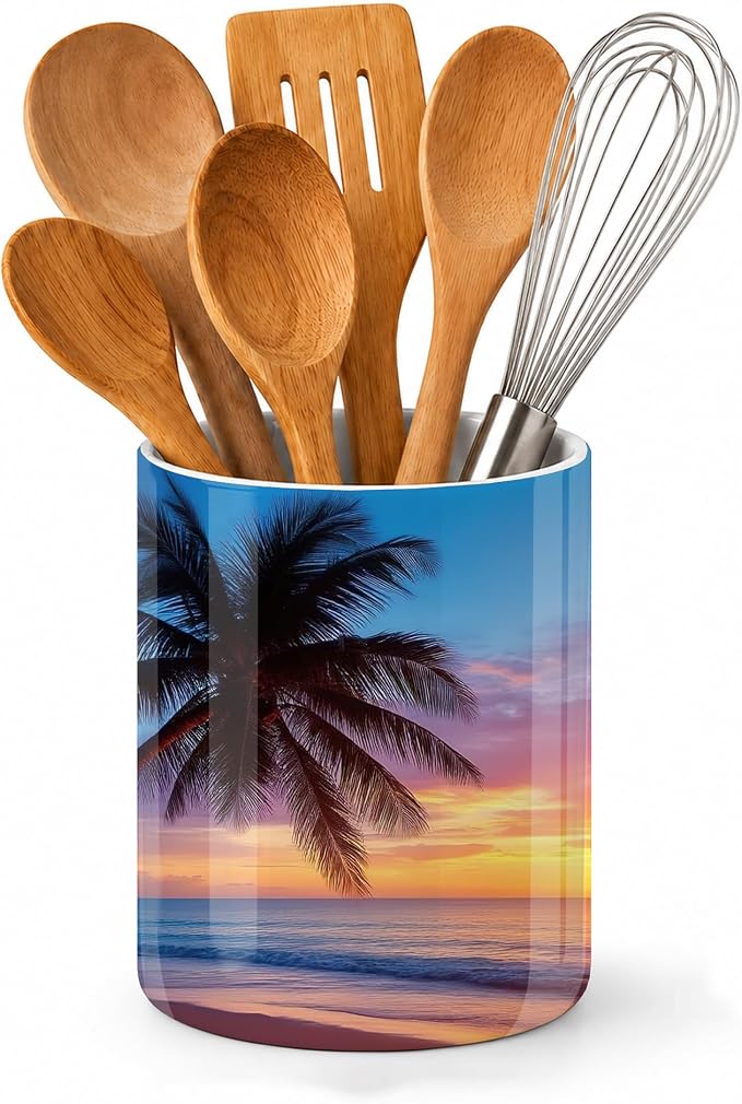 Tropical Palm Kitchen Utensil Holder,Sunset Trees Sea Beach Large Ceramic Utensil Crock for Countertop,Cooking Utensil Organizer for Spatulas,Spoons