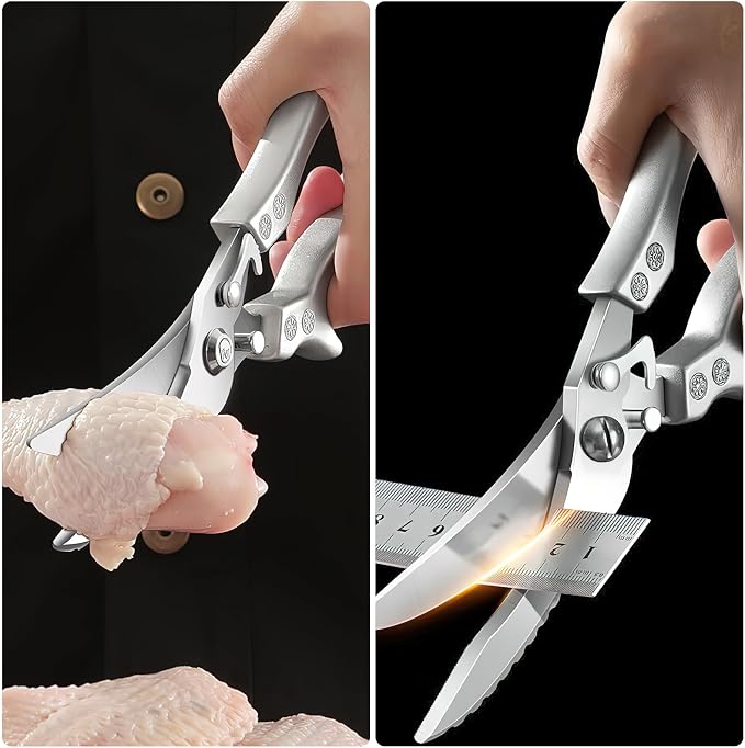Zicolu Poultry Shears Heavy Duty Professional, Multipurpose Kitchen Shears with Sheath, Spring-Loaded Stainless Steel Chef Scissors Cutting Bone, Chicken, Fish, Food, Meat, Full Steel Handle Silver