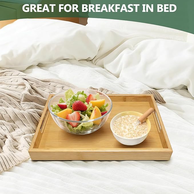 Bamboo Serving Tray with Handles, 13x8.7 Inch Rectangular Breakfast Tray for Eating on Couch or Bed, Modern Decorative Coffee Table Trays for Serving Food, Drink and Fruit
