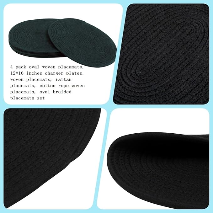 Oval Woven Placemats Set of 4, Rattan Placemats 12x16 Inch Cotton Wicker Placemats Farmhouse Boho Circle Braided Heat Resistant Outdoor Placemats Patio Table Place Mats (Black)