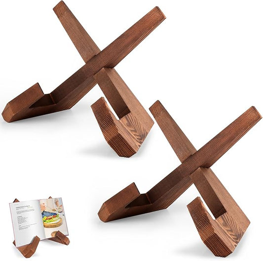 SAMEBUTECO 2 Packs Wood Cookbook Stands & Recipe Holders for Kitchen,7 inch Height Recipe Holders Display Stand Rustic Style, Brown, Box Package