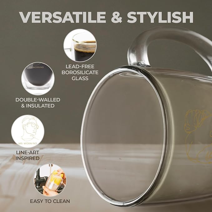 GLORAMA Double Walled Glass Coffee Mugs for Couples - Espresso Cups, Coffee Cups for Couples with Gold Line Art Inscription, Freezer & Microwave Safe (14oz)