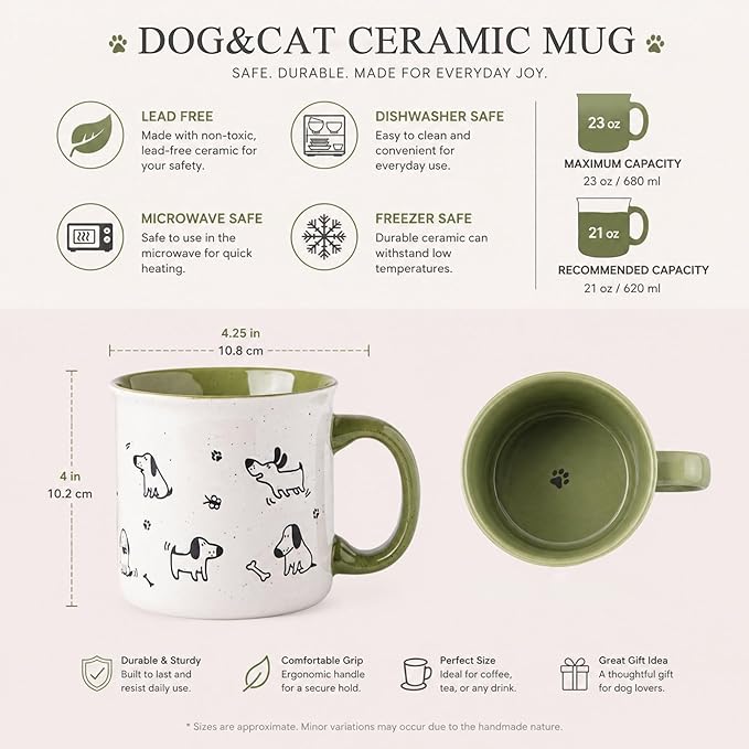 AmorArc 22 OZ Large Ceramic Coffee Mugs Set of 2, Oversized Mugs With Big Handle for Men Women Dad Mom, Big Mug With Textured Dogs Cats Patterns for Office & Home -Microwave Safe, 2 Pcs-Green