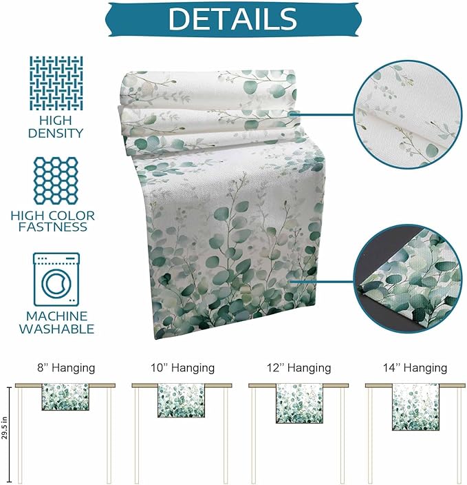 Sage Green Eucalyptus Table Runner 48 Inch Long Dresser Scarves Spring Summer Leaf Cotton Linen Tablerunners Rustic Country Plant Dining Kitchen Burlap Table Setting Decor for Party Holiday, 13"x48"