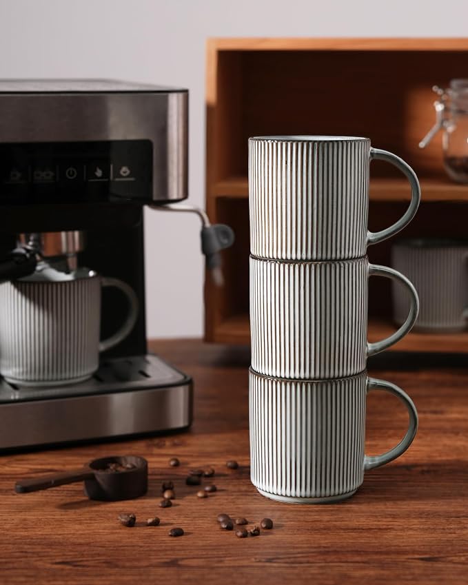 famiware Coffee Mug Set for 4, Star 12 oz Catering Mugs Cup Set with Handle for Coffee, Tea, Cocoa, Milk - Ceramic Stoneware Drinkware Set, Cappuccino White+Smoky Blue
