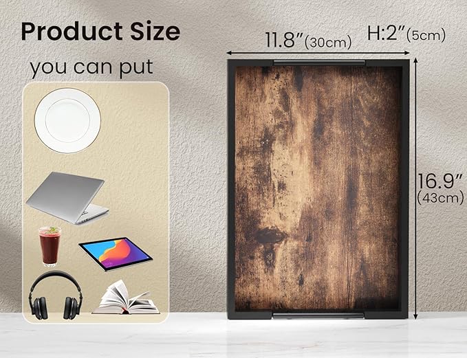 Fibogollo Wooden Serving Tray with Metal Handles,17x12in Ottoman Decorative Trays Platter for Coffee Table,Living Room,Bar,Party,Large