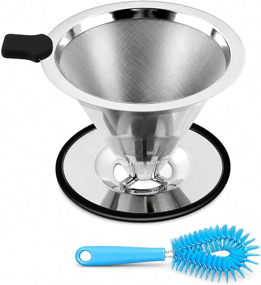 Stainless Steel Pour Over Coffee Dripper, Reusable Coffee Filter with 800 Mesh Double Micro-Mesh Strainer, Paperless Coffee Maker with Heat-Resistant Silicone Handle & Base for 1-2 Cup, Home Camping