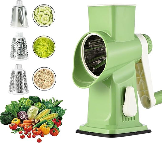 Rotary Cheese Grater, 3-in-1 Manual Vegetable Slicer with Handle, Safer Kitchen Mandoline Shredder with Suction Base for Cheese, Nuts, Potatoes & Salads – Easy to Clean (Green)