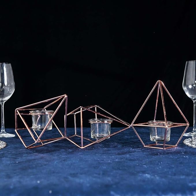 Efavormart 16.5" Rose Gold Geometric Candle Holder Set 3 Metal Geometric Centerpieces Joint Together Votive Glass Holders