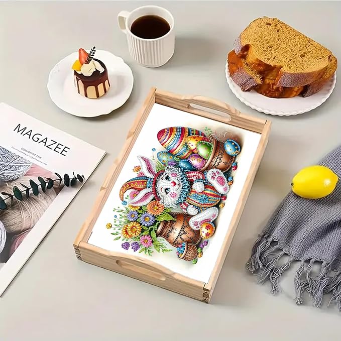 BAYUNOE DIY Diamond Serving Tray Rectangular Breakfast Tray with Handle Handmade Diamond Art Painting Wooden Tray Spring Creative Dinner Plate Coffee Room Living Home Organizer-Easter Bunny Eggs