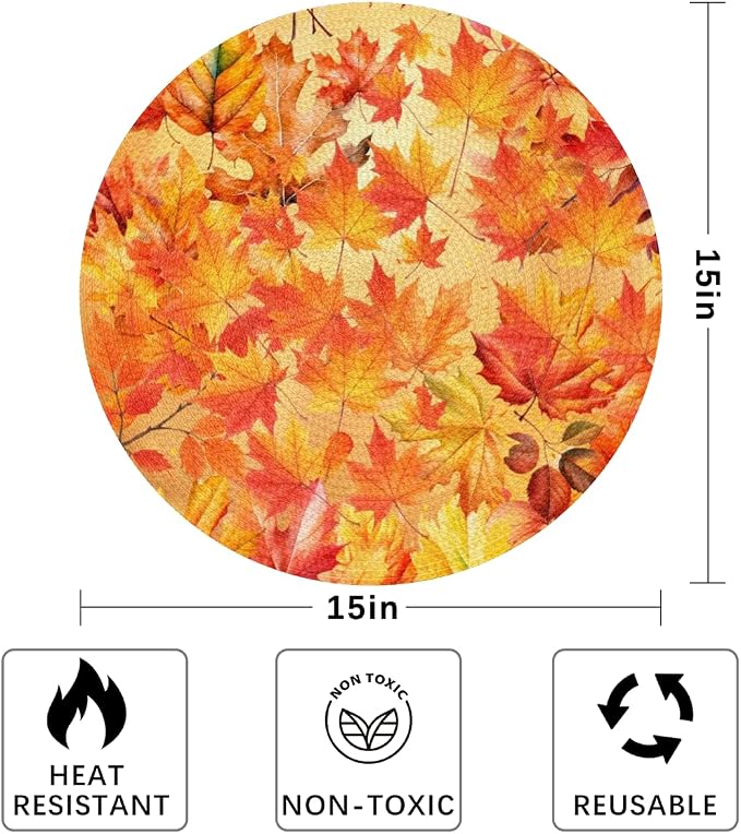Round Placemats Set of 6, Autumn Maple Leaves Woven Placemats Mats Non-Slip Heat Resistant Washable Table Mats Round Braided Place for Farmhouse Kitchen Dining Party Decor 15in-2