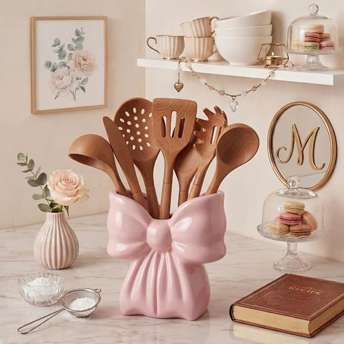 Hushee Pink Bow Ceramic Utensil Holder Cute 3D Coquette Utensil Crock 5.9" Modern Kitchen Counter Organizer Decorative Flower Vase for Home Decor Housewarming Gift