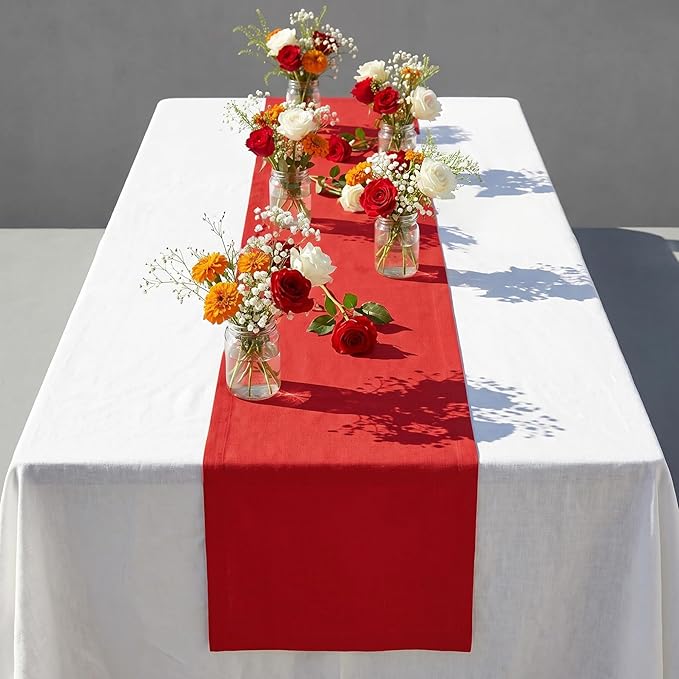 Solino Home Linen Red Table Runner 156 Inches Long - 100% Pure Linen Extra Long Table Runner 14 x 156 Inch for 4th of July - Fete