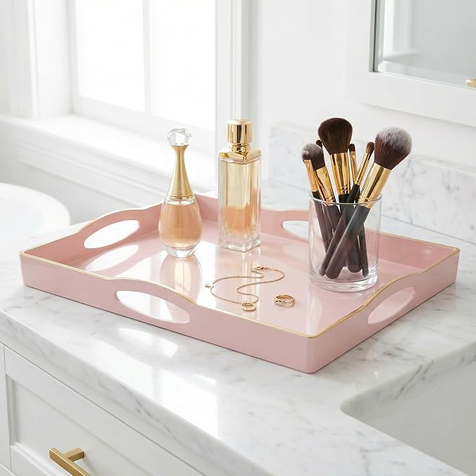 Pink Serving Tray with 4 Handles, Plastic Decorative Tray for Coffee Table, Ottoman - Ideal for Living Room & Bathroom. 15” x 11” x 1.9”