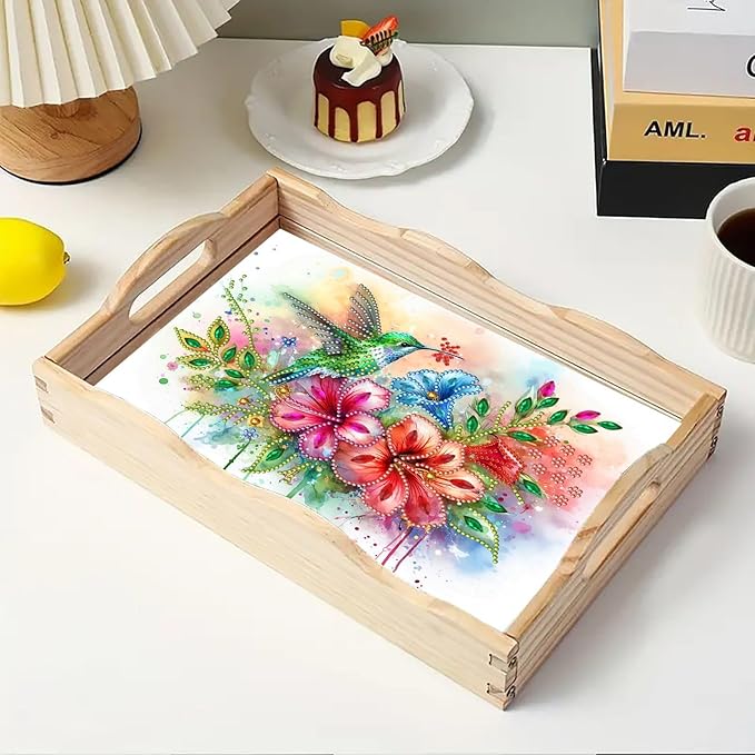 DIY Diamond Art Painting Serving Tray Creative Design Handmade Wooden Rectangular Snack Tray Dinner Plate Drill Craft for Coffee Living Room Home Organizer-Hummingbird