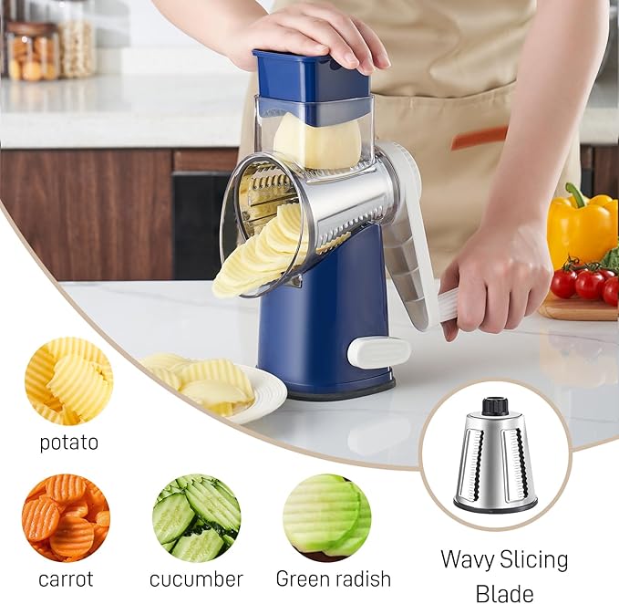 Weltonhm Rotary Cheese Grater with 4 Blades, Large Hand Crank Cheese Grater with Waffle Slicer, Blue Cheese Shredder with Suction Base, Easier for Shredding& Grating (Blue, 4 Graters)