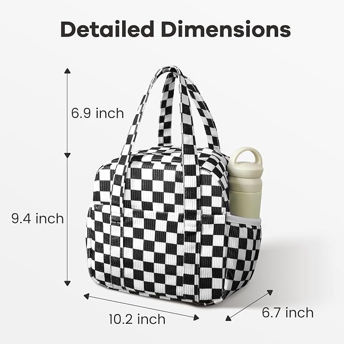 Yarnic Corduroy Lunch Bag Women Insulated, Large Lunch Box for Work with Bottle Pockets, Stylish Reusable Cooler Tote for Adults Teachers Picnic (black White Checkered)
