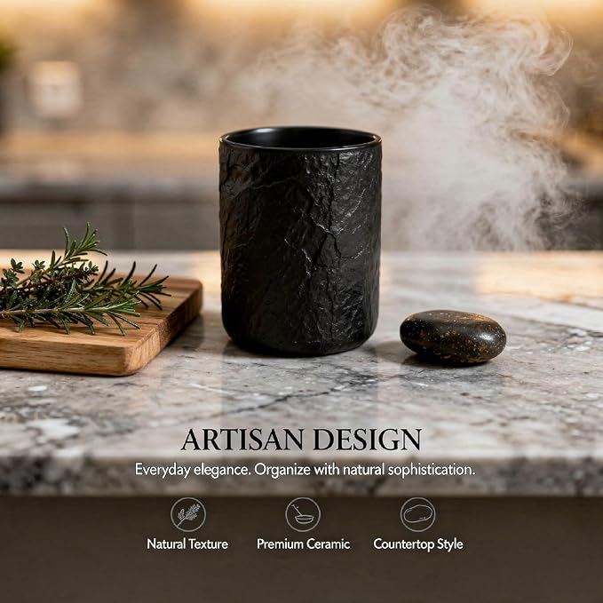 Large Ceramic Kitchen Utensil Holder, Black, Space-Saving, Easy Access, 6.3 In / 16 Cm High, Wide Opening, Countertop Organizer For Cooking Utensils, Rock Texture