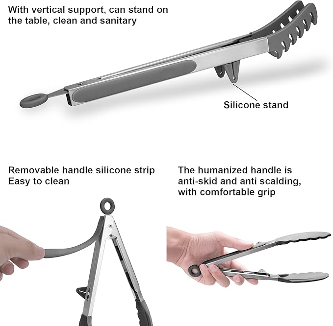 4in1 Stainless Steel Kitchen Food Tongs Set for Cooking with Silicone Tips, Toaster Steak Pie Pizza Pasta Spaghetti Noodles Salad Fruit Vegetable Grill BBQ Buffet Clamp Serving Tools Gadgets