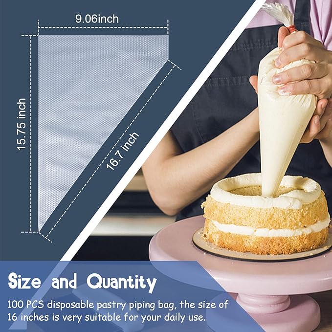Disposable Icing Pastry Piping Bags, 100 Pcs 16Inch Thick Large Anti Burst Cake Decorating Tipless Piping Bag for Chocolate Royal Icing Cupcake Cream Frosting Cookies Decoration Disposable Piping Bags