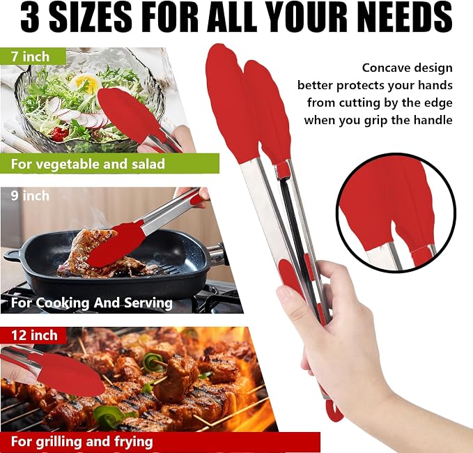 Kitchen Tongs with Silicone Tips, Kitchen Tongs, Cooking Tongs, Premium Stainless Steel Locking Cooking Tongs, Non-Slip Food Tongs for Cooking, Heavy Duty, Non-Stick, 480℉, Set of 3-7"/9"/12" Red
