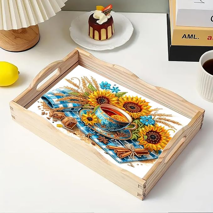 BAYUNOE DIY Diamond Serving Tray Christmas Rectangular Breakfast Tray with Handle Handmade Diamond Art Painting Wooden Tray for Dinner Plate Coffee Room Living Home Organizer-Afternoon Tea