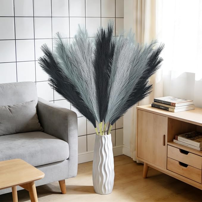 TORONTOKYO 8Pcs Black and Grey Faux Pampas Grass Tall Decor, 35.4” Fluffy Artificial Pompous Grass Branches, Large Pampas Grass Reed Stems for Floor Vase Filler, Wedding, Baby Shower, Home Boho Decor