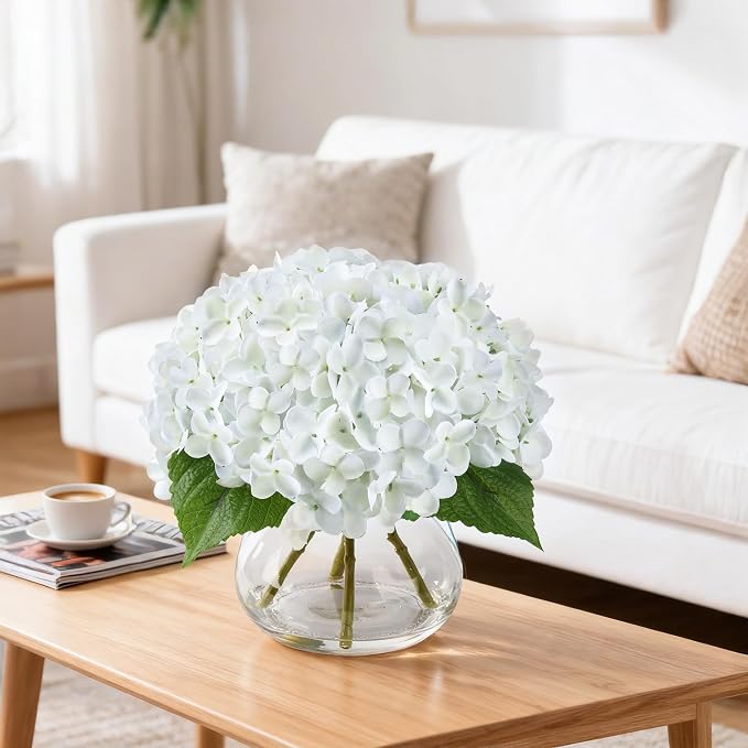 Artificial Hydrangea Flowers Arrangements in Glass Vase for Home Decoration, Faux Hydrangea Flowers for Floral Arrangements with Faux Water Wedding Bouquets Kitchen Table Centerpiece Decor