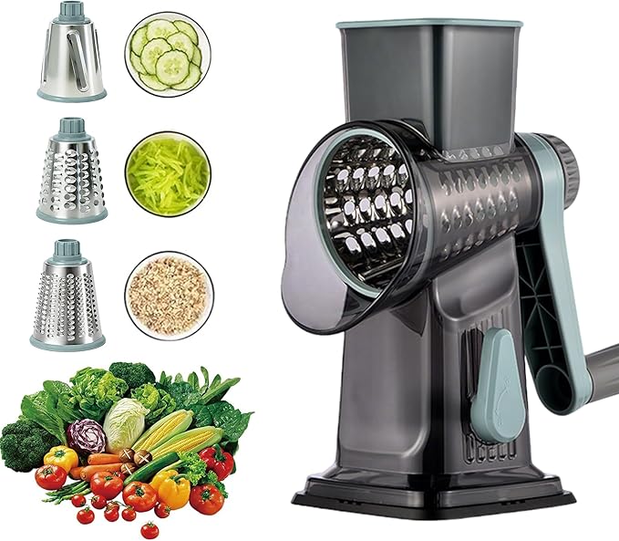 Rotary Cheese Grater Shredder Slicer - 3-in-1 Handheld Crank with Food Pusher for Hard Cheese, Vegetables, Chocolate - Ergonomic Hand Crank, Dishwasher Safe Gray Cyan