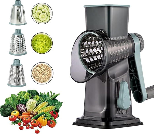 Rotary Cheese Grater Shredder Slicer - 3-in-1 Handheld Crank with Food Pusher for Hard Cheese, Vegetables, Chocolate - Ergonomic Hand Crank, Dishwasher Safe Gray Cyan