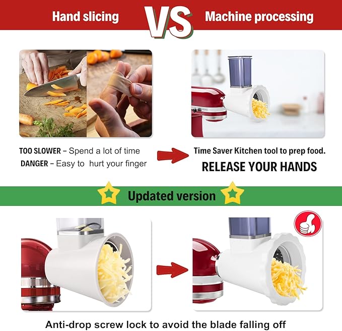 Upgraded Version - Cheese Grater Slicer Shredder Attachments for All KitchenAid Stand Mixers, Food Slicers Salad Maker Accessory Vegetable Chopper with 4 Blades Dishwasher Safe