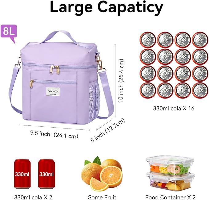 Voova Lunch Bag for Women, Insulated Lunch Box with Shoulder Strap, Adult Reusable Lightweight Nylon Waterproof Lunchbox Lunch bags for Work, Purple