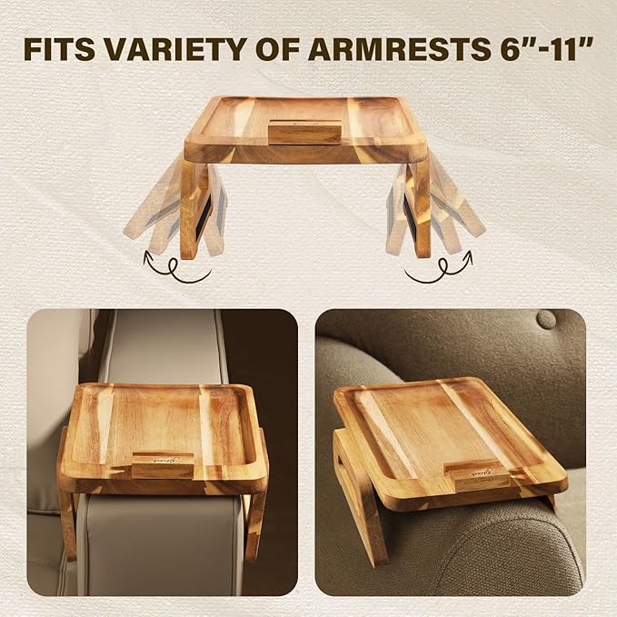 Acacia Wood Sofa Armrest Tray -Sofa Arm Tray Table Clip - Couch Arm Table for Wide Couches - Wooden Side Tables for Small Spaces for Eating and Drink