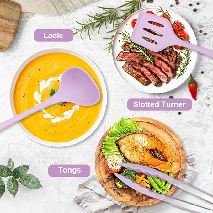 RANX INGST Kitchen Cooking Utensils Set 11 pcs Nonstick Silicone Spatula Set with Holder, 446°F Heat Resistant, Ergonomic Handle, BPA Free - Purple