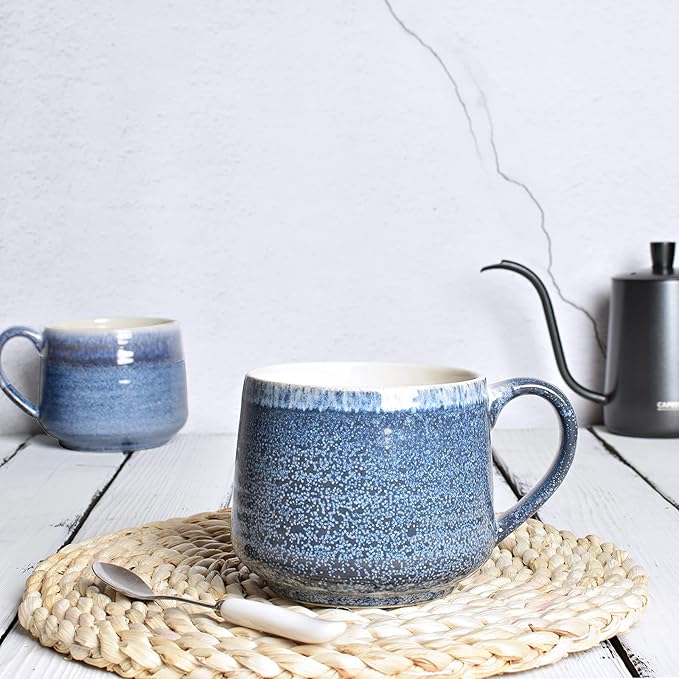 Bosmarlin Large Ceramic Wide Coffee Latte Mug Set of 2, 18 Oz, Blue Big Stoneware Tea Cup for Office and Home, Dishwasher and Microwave Safe (Blue, 2)