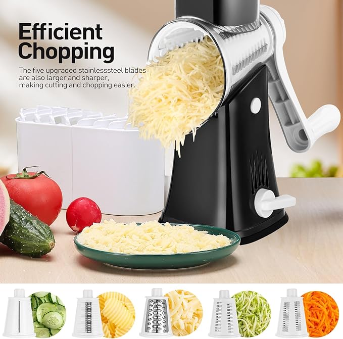 APSARAS USA Cheese Grater Hand Crank, Rotary Cheese Grater, 5 in 1 Rotary Grater, Cheese Shredder Replaceable Stainless Blades with Strong Suction Base, Easy to Clean Kitchen Gadgets with Storage Box