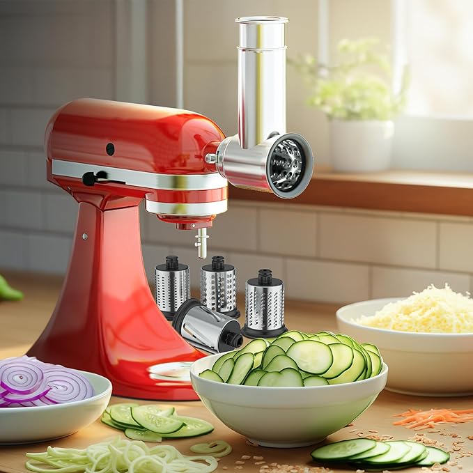 Stainless Steel Slicer Shredder Attachment for KitchenAid Stand Mixer, Includes Cheese Grater,Grinding Powder,Vegetable Slicer Shredder for KitchenAid cheese grater attachments with 4 Blades by HOZODO