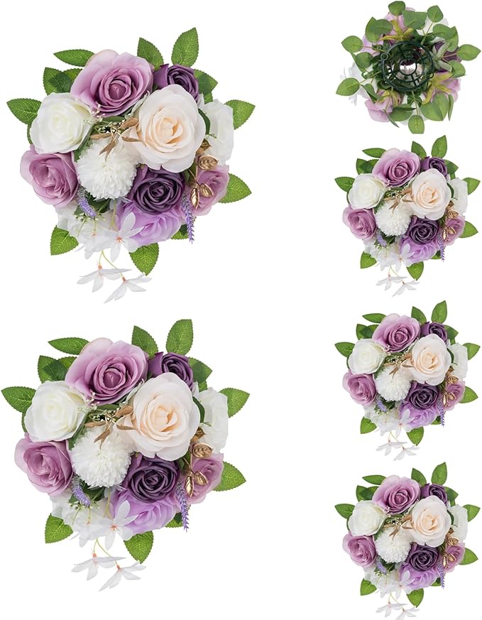 BLOSMON Artificial Flowers Ball Wedding Centerpieces 6 Pcs Lilac Rose Artificial Flower Center Pieces Decoration for Table Silk Kissing Ball Faux Floral Bouquet Arrangements for Home Party DIY Decor