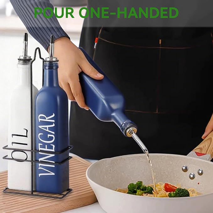 Vakoo Oil and Vinegar Dispenser Set - 17oz/500ml, Extra Thick Glass, Leak-Proof, Olive Oil Dispenser Bottle for Kitchen (White Blue)