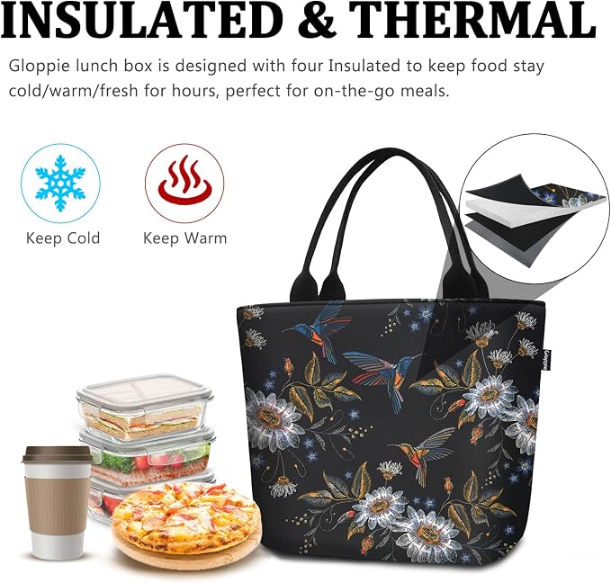 Gloppie Lunch Bag for Women Insulated Lunch Tote Leakproof Cooler Bag Teacher Appreciation Gifts for Work Hummingbird Daisy 9L
