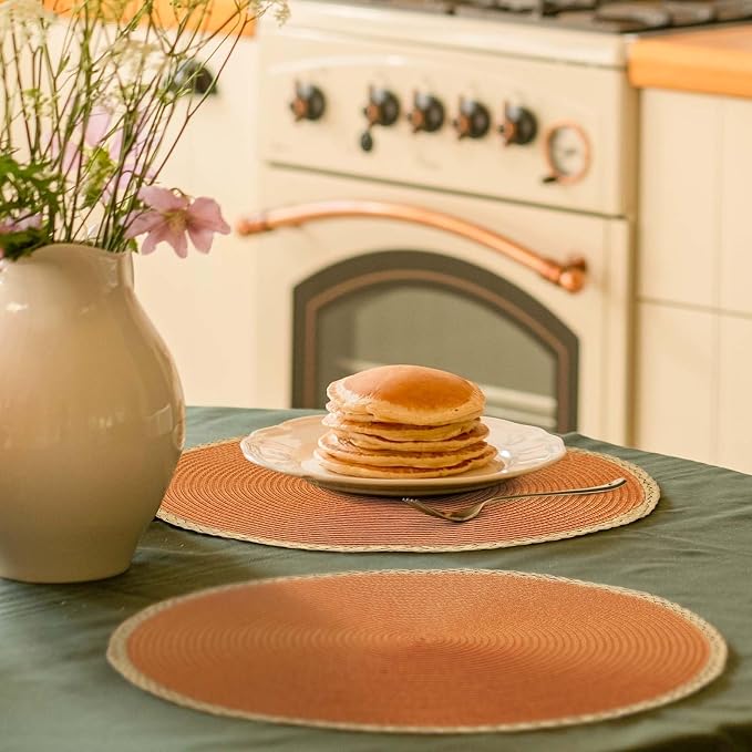 Noctiflorous Braided Round Placemats Set of 4, 15 Inch Woven Table Mats, Non-Slip Washable Thin Edge Place Mats for Kitchen Dining Table Decor (Orange, 4)