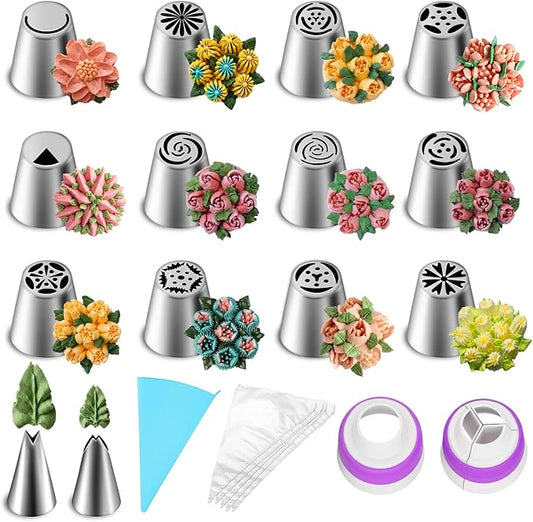 Suuker 27 Pieces Russian Piping Tips Set, Cake Decorating Supplies for Cupcake Cookies Birthday Party (12 Icing Tips, 10 Pastry Baking Bags, 2 Leaf Piping Tips, 2 Couplers, 1 Silicone Bag)