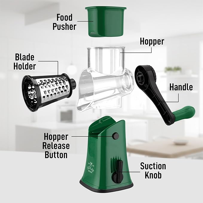 Zulay Kitchen Rotary Cheese Grater 5 Blade Cheese Shredder - Manual Hand Crank Cheese Grater With Reinforced Suction & 5 Interchangeable Drums - Easy to Use, Vegetable Chopper Round Mandoline Slicer