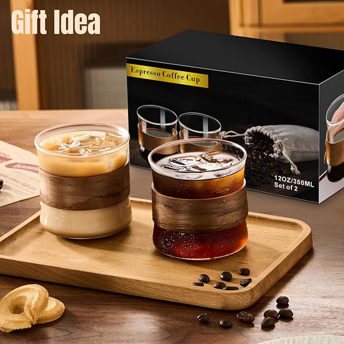 PARACITY Espresso Cups Set of 2 with Wooden Ring (12 OZ)