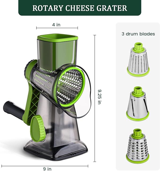 HANSGO Rotary Cheese Grater, 3 Stainless Steel Blades, Labor-Saving Handle, Strong Suction Base, for Cheese, Vegetables, Nuts, Chocolate & Fruits, Ideal for Family Meals, Salads, Pasta & Easy Cleanup